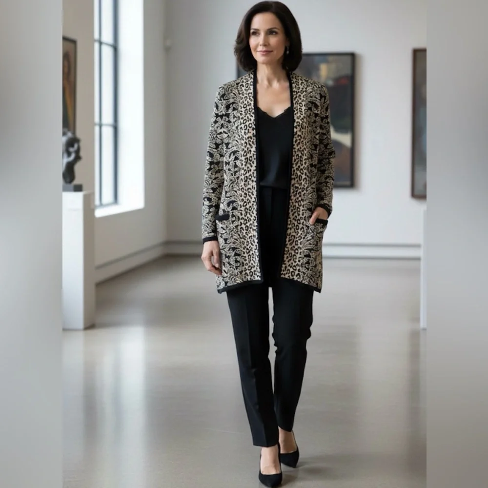 Chico’s Trimmed‎ Animal Esme Cardigan in black and white size 12 oversized